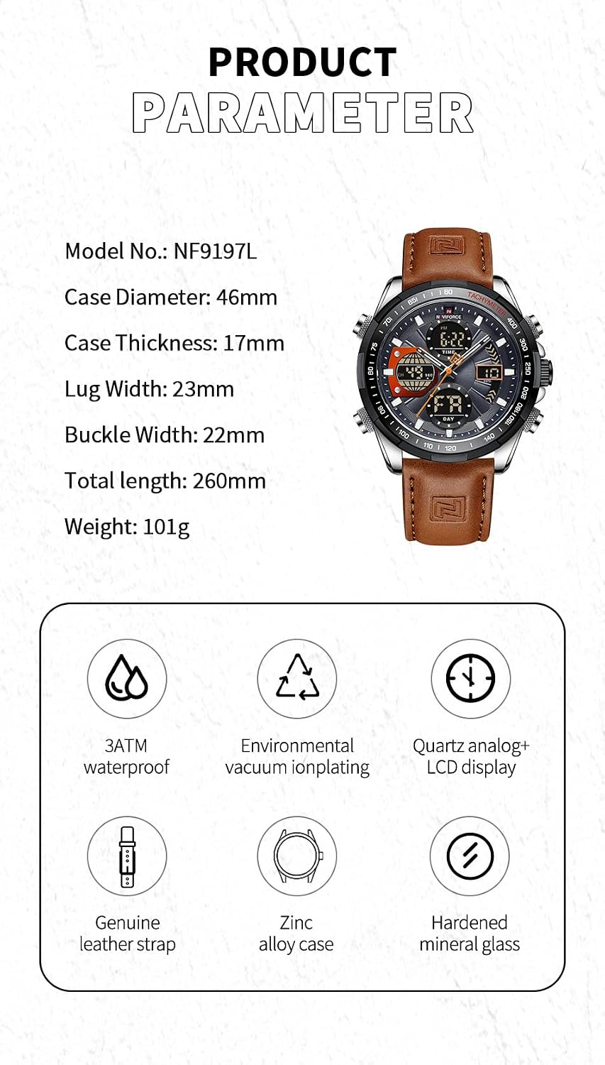 HOTNAVIFORCE Men's Military Digital Watches Analog Quartz Waterproof Watch Sport Multifunctional Leather Wristwatch
