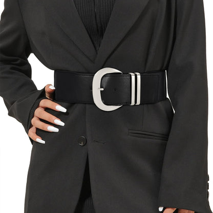 HOTWHIPPY Women Wide Elastic Waist Belt for Dresses Fashion Gold Buckle Stretchy Leather Waistband for Ladies