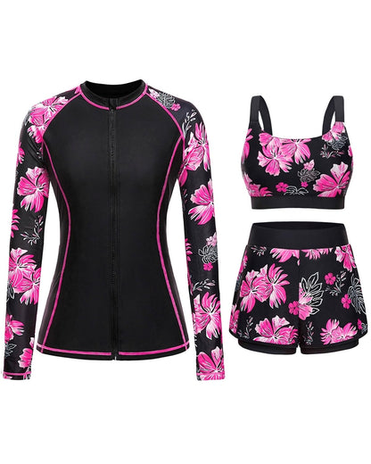 HOTDaci 3 Piece Rash Guard Set with 3'' Shorts | UPF 50+ Sun Protection, Long Sleeve Swim Shirt, High Rise, Built-in Bra, Removable Pads, for Beach, Pool, and Surfing