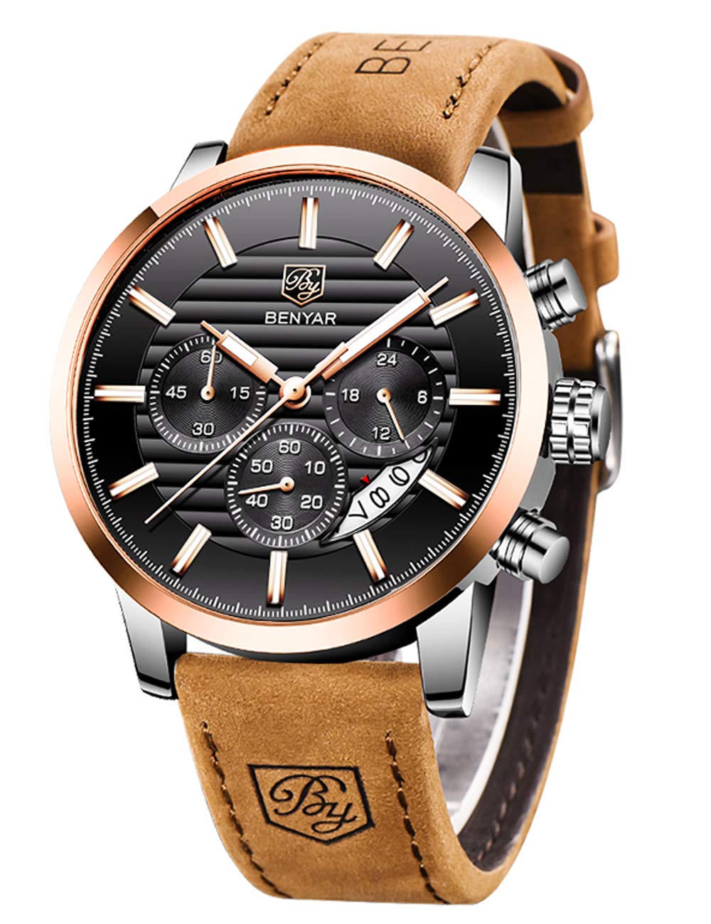 HOTBENYAR Quartz Chronograph Waterproof Watches Business and Sport Design Leather Band Strap Wrist Watch for Men