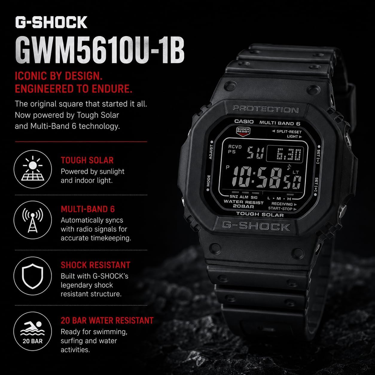 HOTCasio G-Shock GWM5610U-1B Men's Tough Solar Atomic Digital Watch, Multi-Band 6 Radio Controlled, 200M Water Resistant, Shock Resistant, LED Backlight, Black Resin Strap