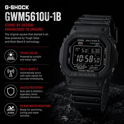 HOTCasio G-Shock GWM5610U-1B Men's Tough Solar Atomic Digital Watch, Multi-Band 6 Radio Controlled, 200M Water Resistant, Shock Resistant, LED Backlight, Black Resin Strap
