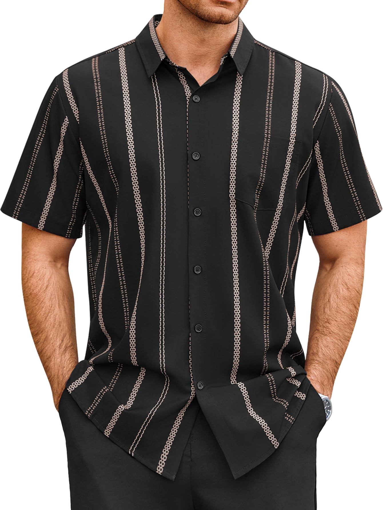 HOTHardaddy Men's Casual Striped Shirts Button Down Short Sleeve Blouse Summer Hawaiian Shirt