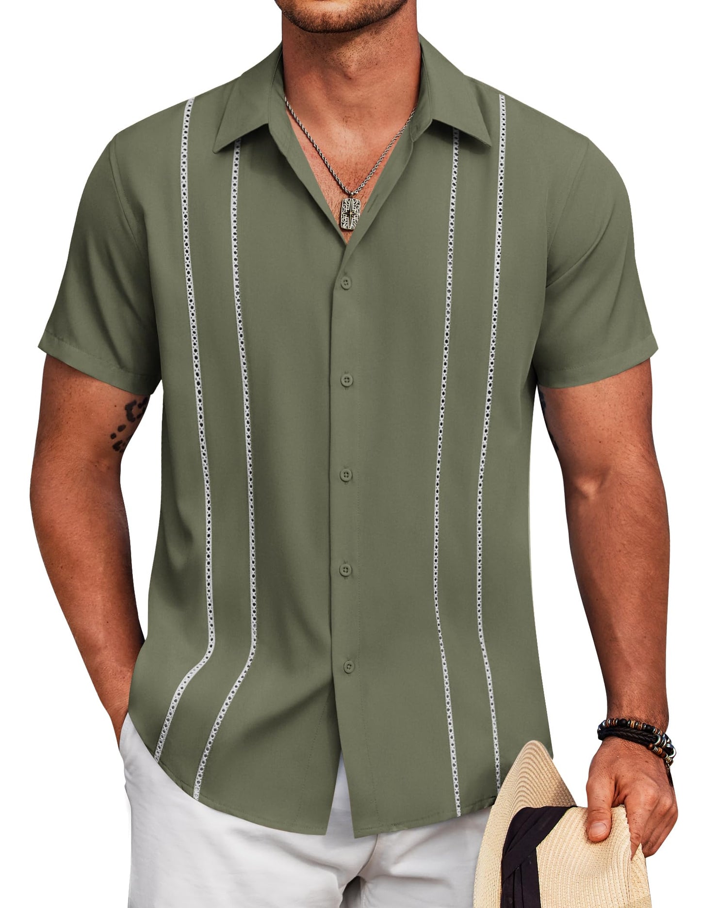 HOTCOOFANDY Mens Cuban Guayabera Shirt Short Sleeve Button Down Shirts Summer Beach Vacation Shirts