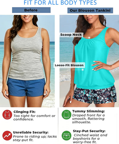 HOTWomen Two Piece Swimsuits Loose Tankini Top with Boy Shorts Bathing Suit | Removable padding, Adjustable shoulder straps, Built in brief, Side slit, Boy-cut style for secure movement