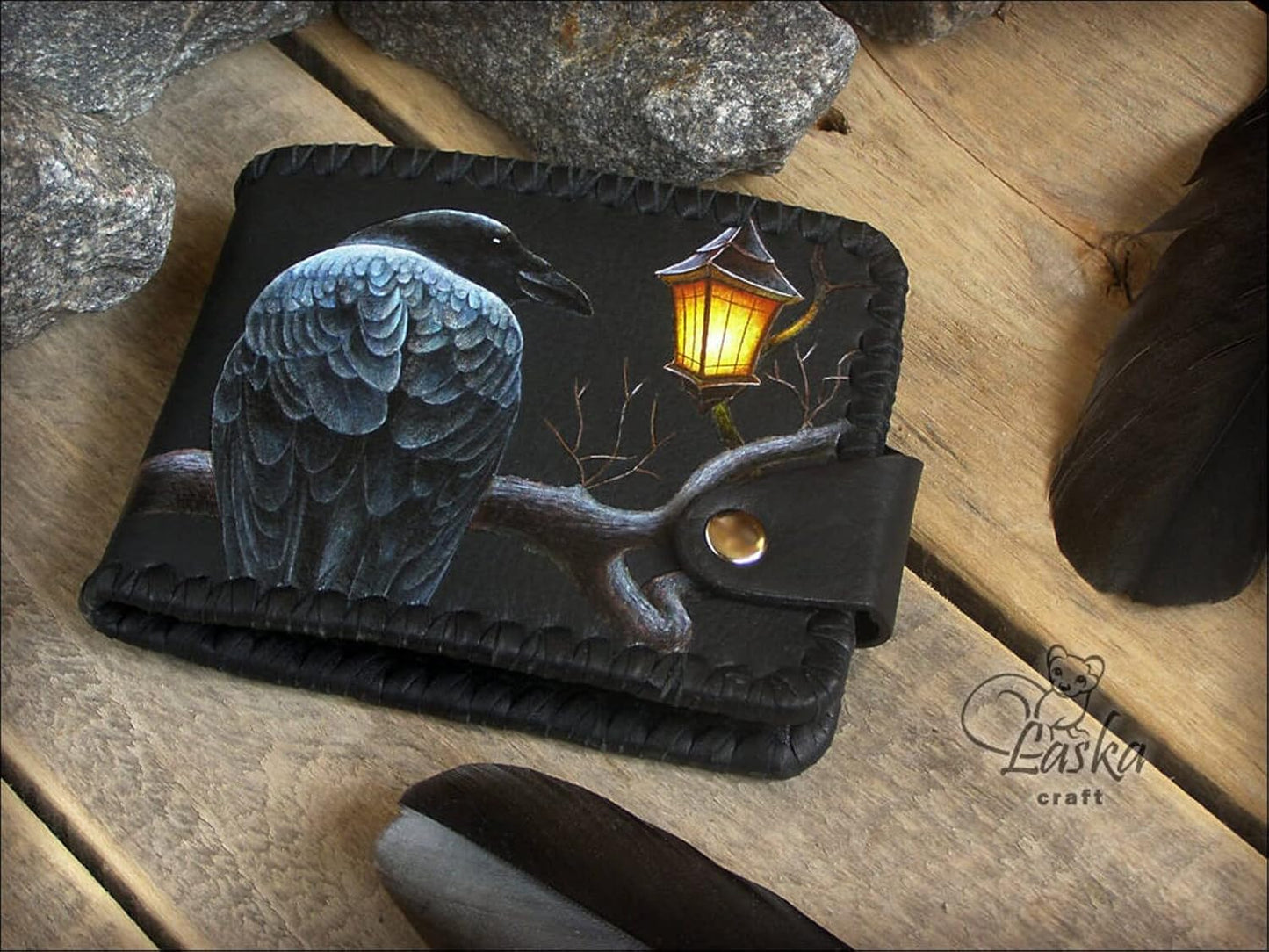HOTMystery Night Raven, Men's 3D Genuine Leather Wallet, Handmade wallet, Carved wallet, Tooled wallet, Airbrush Art, Biker wallet, Custom wallet, Personalized wallet