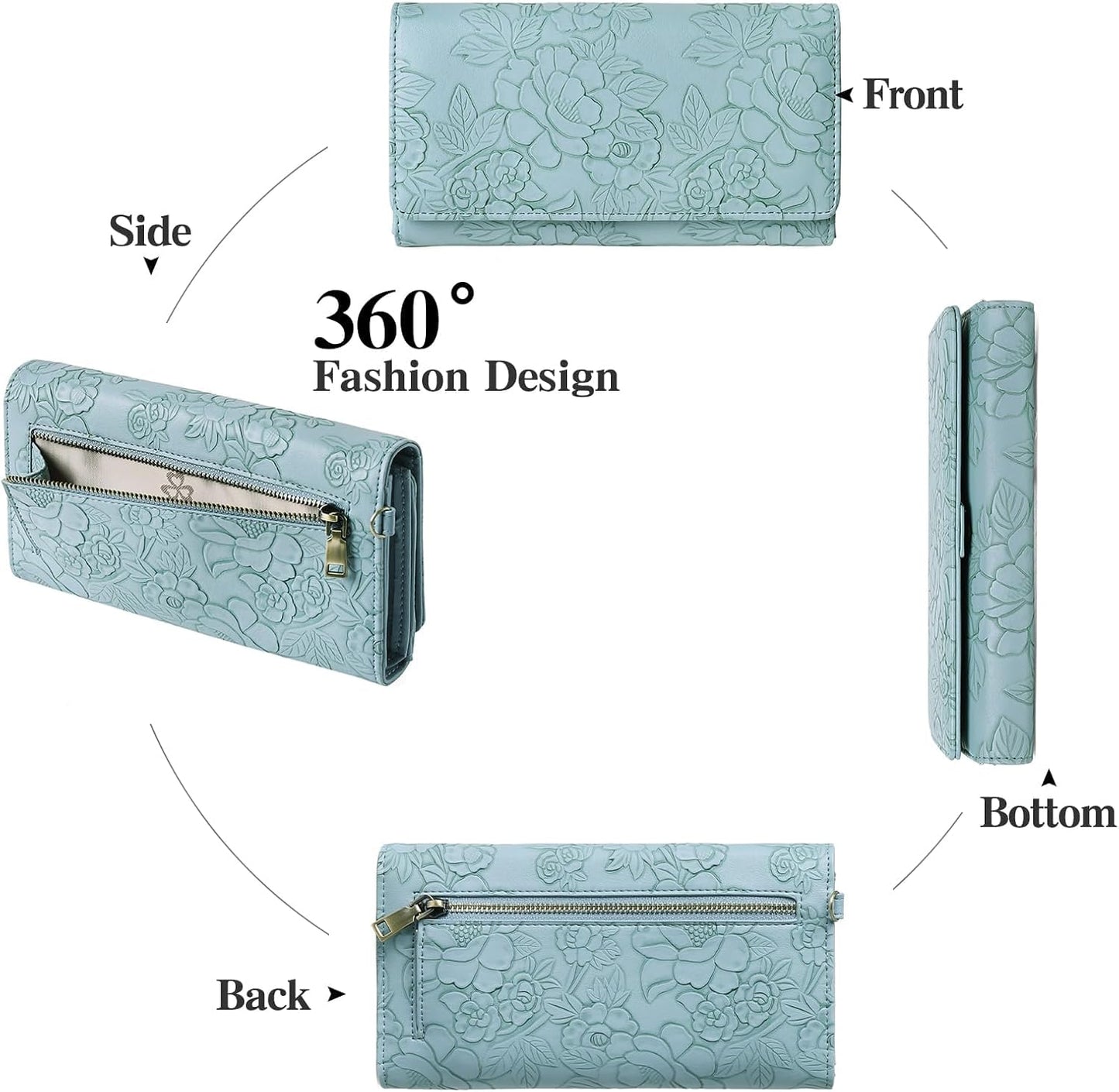 HOTGAEKEAO Wallets for Women Vegan Leather RFID Blocking Card Holder Trifold Ladies Long Purse Wristlet Clutch with 3 ID Windows