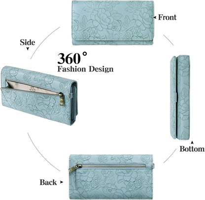 HOTGAEKEAO Wallets for Women Vegan Leather RFID Blocking Card Holder Trifold Ladies Long Purse Wristlet Clutch with 3 ID Windows