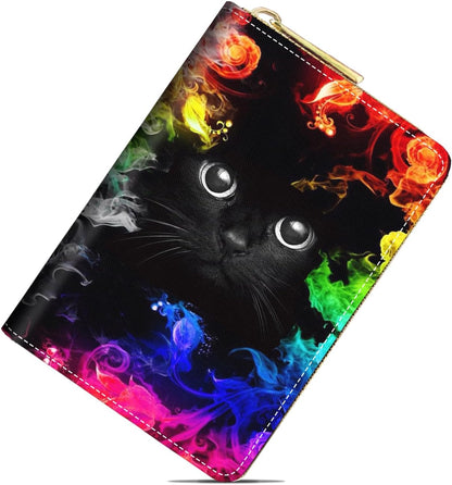 HOTSmall Credit Card Holder Wallets for Women, RFID Blocking Slim Leather Card Case Wallet with Zipper Accordion Wallets, Cute Black Cat Face