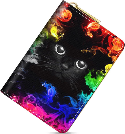 HOTSmall Credit Card Holder Wallets for Women, RFID Blocking Slim Leather Card Case Wallet with Zipper Accordion Wallets, Cute Black Cat Face