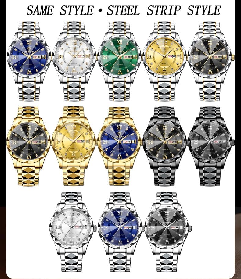 HOTGosasa Luxury Men's and Women's Business Diamond Stainless Steel Waterproof Roman Numeral Analog Quartz Watch with Day-Date Calendar, Gold and Silver Tone