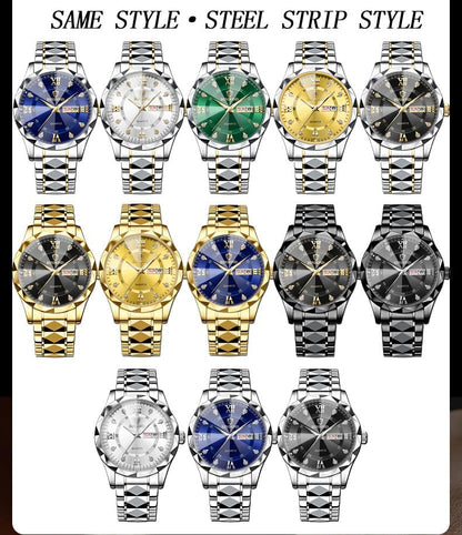 HOTGosasa Luxury Men's and Women's Business Diamond Stainless Steel Waterproof Roman Numeral Analog Quartz Watch with Day-Date Calendar, Gold and Silver Tone