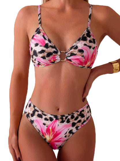 HOTTainehs Women's Two Piece Bikini Sets O Ring Front Top Ditsy Floral Triangle Swimsuits Cheeky Bathing Suit