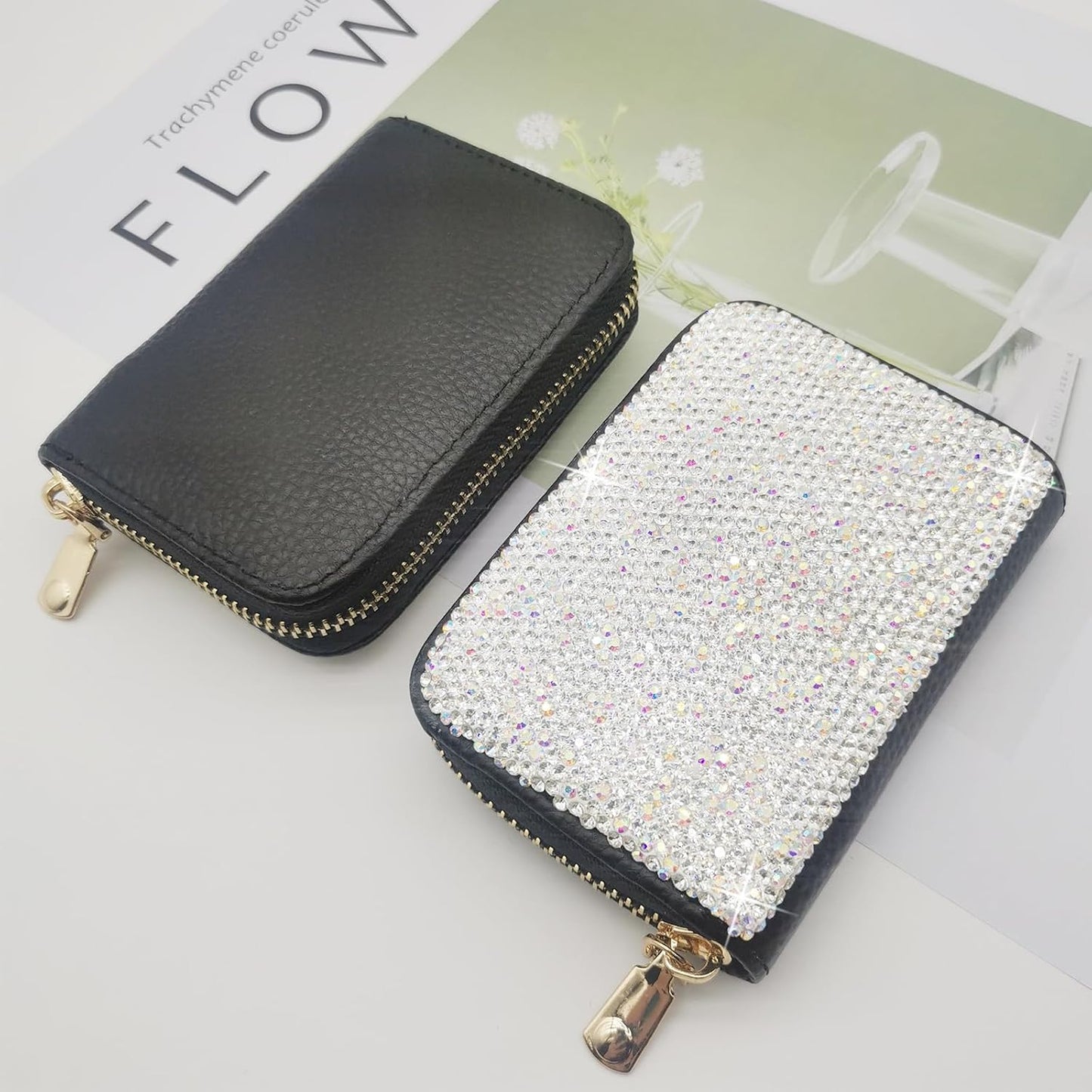 HOTBling Credit Card Case RFID Leather Wallet Multilayer Zipper Case Rhinestone Credit Card Holder Women's Small Credit Card Wallet (Silver)