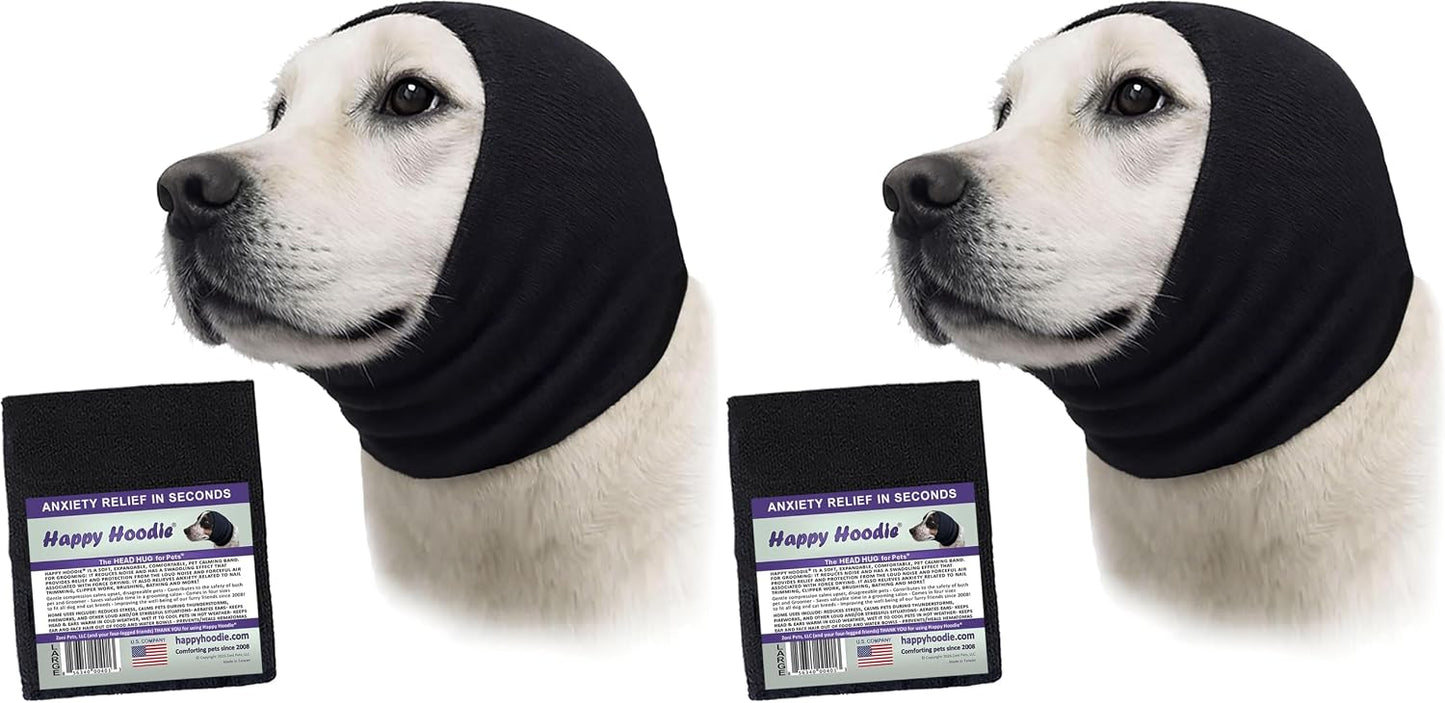HOTHappy Hoodie The Original Dog & Cat Calming Band - American Brand - Anxiety Relief/Noise Protection - Grooming - Thunder - Fireworks (Black) - Since 2008, Large (Pack of 2)