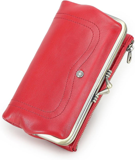 HOTCONTACTS Full Grain Goat Leather Kiss Lock Wallet for Women Vintage Clutch Wallet with Rfid Blocking Zipper Coin Purse (Red)