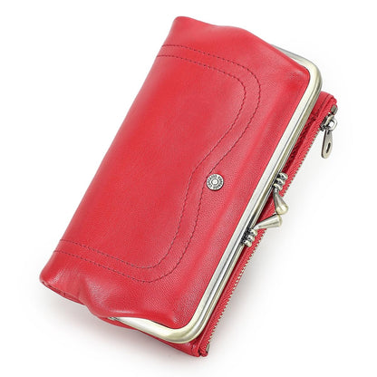HOTCONTACTS Full Grain Goat Leather Kiss Lock Wallet for Women Vintage Clutch Wallet with Rfid Blocking Zipper Coin Purse (Red)