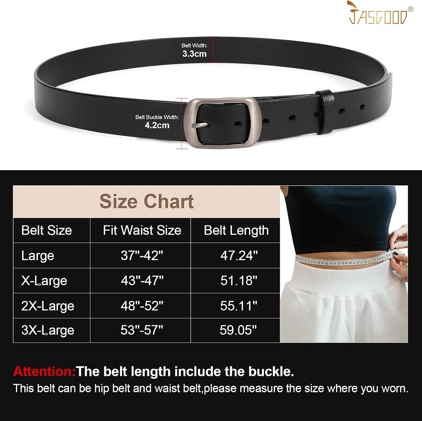 HOTJASGOOD Plus Size Women Leather Belt Black Casual Waist Belt for Jeans Pants with Metal Pin Buckle