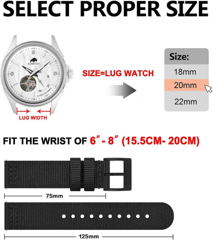 HOTBISONSTRAP Men’s Nylon Watch Bands, Two-Piece Military Watch Straps, Quick Release, Brushed Buckle, Band Width 18mm 19mm 20mm 22mm