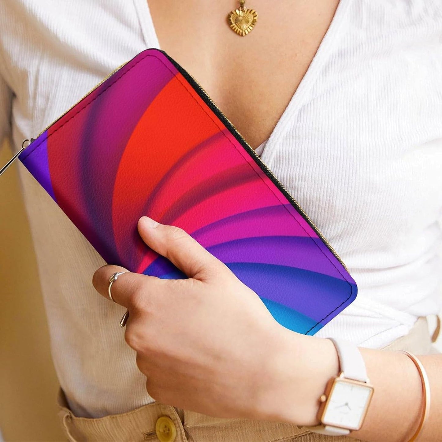 HOTWomen's Large Capacity Zipper Leather Wallet Rainbow Spiral Tie Dye Art, Slim Compact Card Holder, Portable Purse for Mom, Wife & Daily Use
