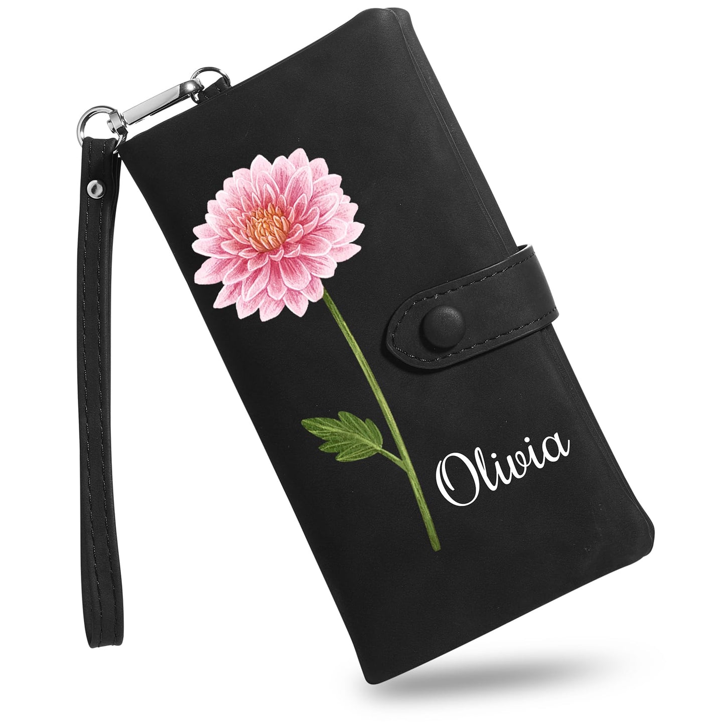 HOTMMXX Personalized Floral Wallet for Women PU Leather Wallet Wristlet with Birth Flower and Name Large Capacity Floral Purse Birthday Gifts for Mom Wife Girlfriend (A1)