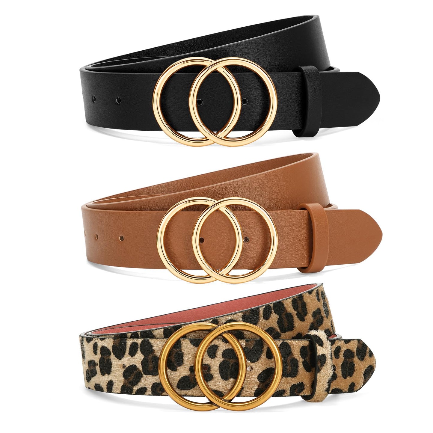 HOTSANSTHS 3 Pack Women Waist Belts for Jeans Pants Dresses, Ladies Belt with Double O-Ring Gold Buckle