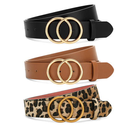 HOTSANSTHS 3 Pack Women Waist Belts for Jeans Pants Dresses, Ladies Belt with Double O-Ring Gold Buckle