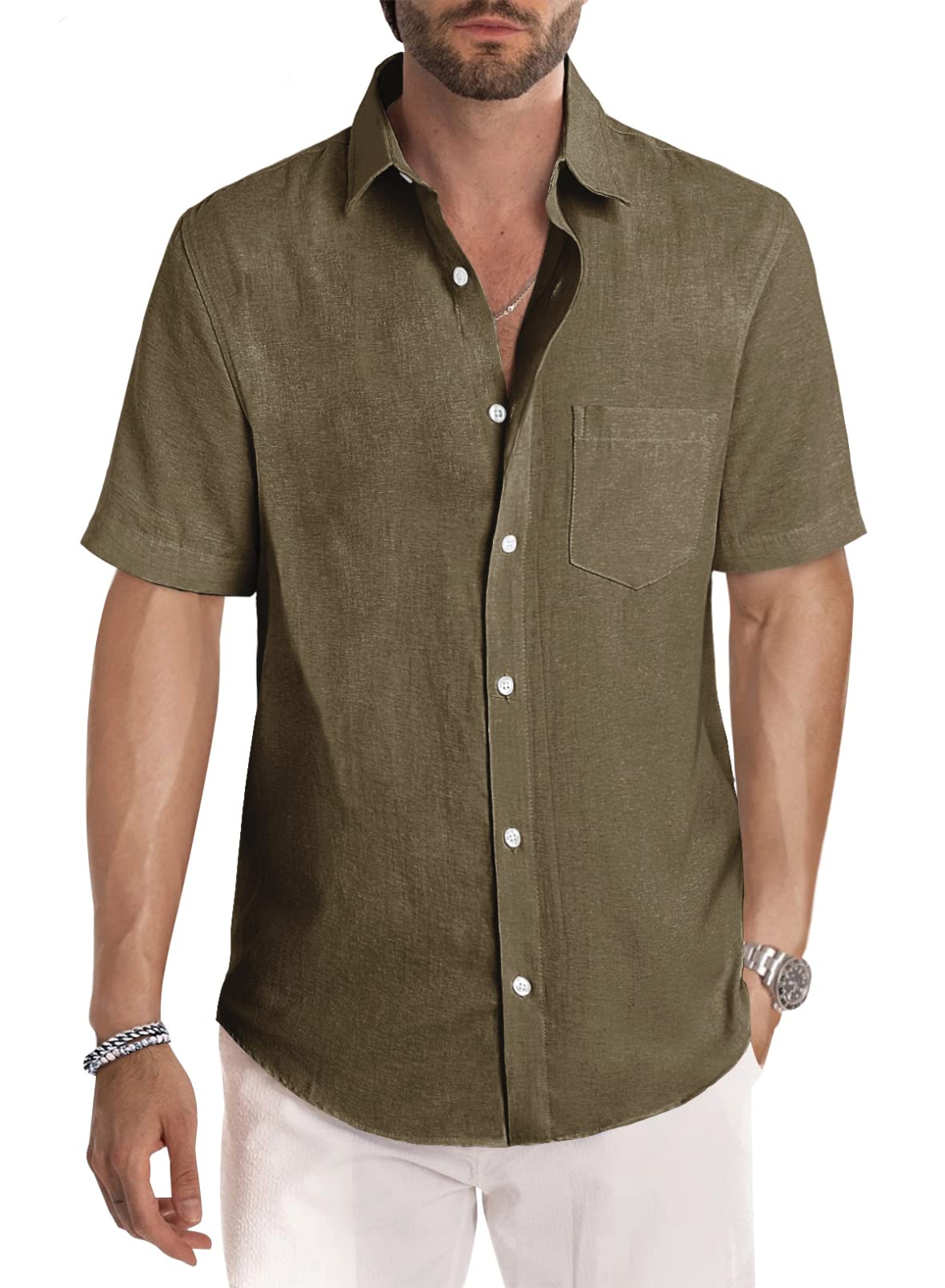HOTJMIERR Men's Casual Stylish Short Sleeve Button-Up Striped Dress Shirt Cotton Beach Shirts