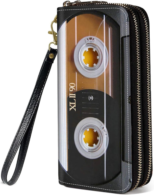 HOTWomen's Vintage 80s Music Cassette Print Double Zipper Wallet, Large Capacity, Credit Card Holder, Phone Wallet, Wristlet Strap, 7.87 x 4.13 x 1.77 inches