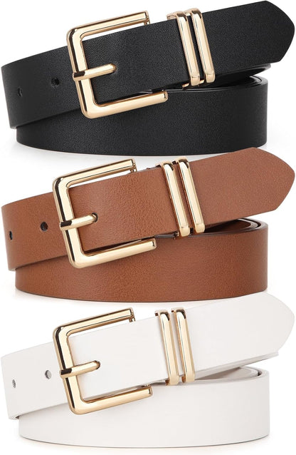 HOTPack 3 Women Belts for Jeans Pants, Fashion Gold Buckle Leather Belts