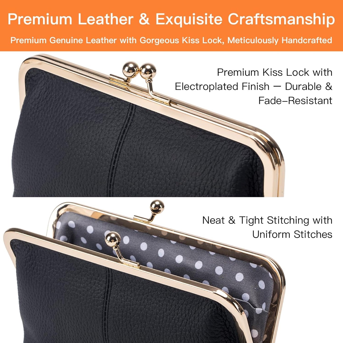 HOTVintage Kiss Lock Clutch for Women, Top Grain Genuine Leather Wallet with 8 Card Slots & Zipper Coin Pocket, Large Capacity Travel Clutch Purse (Pink)