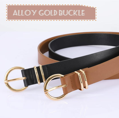 HOTVONMELLI 2 Pack Women's Leather Belts for Jeans Dresses Fashion Gold Buckle Ladies Belt