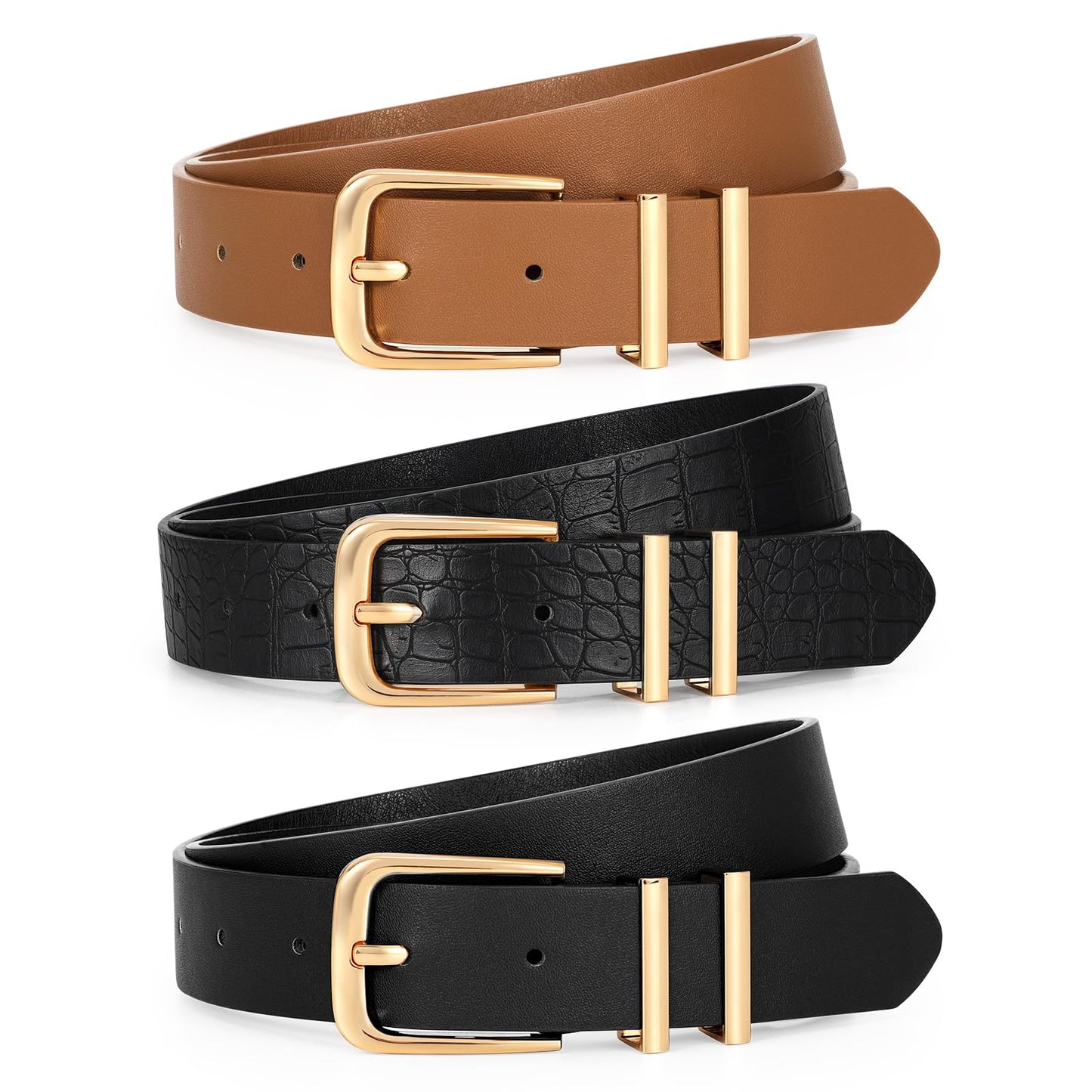 HOTLEACOOLKEY 3 Pack Women's Leather Belts for Jeans Dress Pants Fashion Ladies Leather Belts with Gold Buckle
