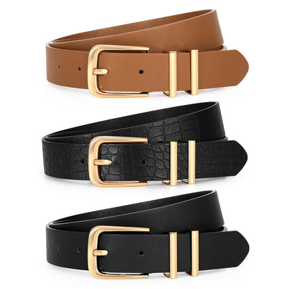 HOTLEACOOLKEY 3 Pack Women's Leather Belts for Jeans Dress Pants Fashion Ladies Leather Belts with Gold Buckle