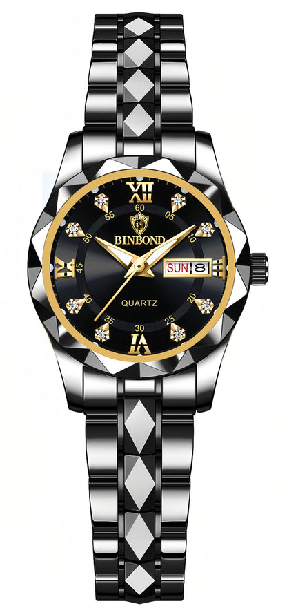 HOTGosasa Luxury Men's and Women's Business Diamond Stainless Steel Waterproof Roman Numeral Analog Quartz Watch with Day-Date Calendar, Gold and Silver Tone