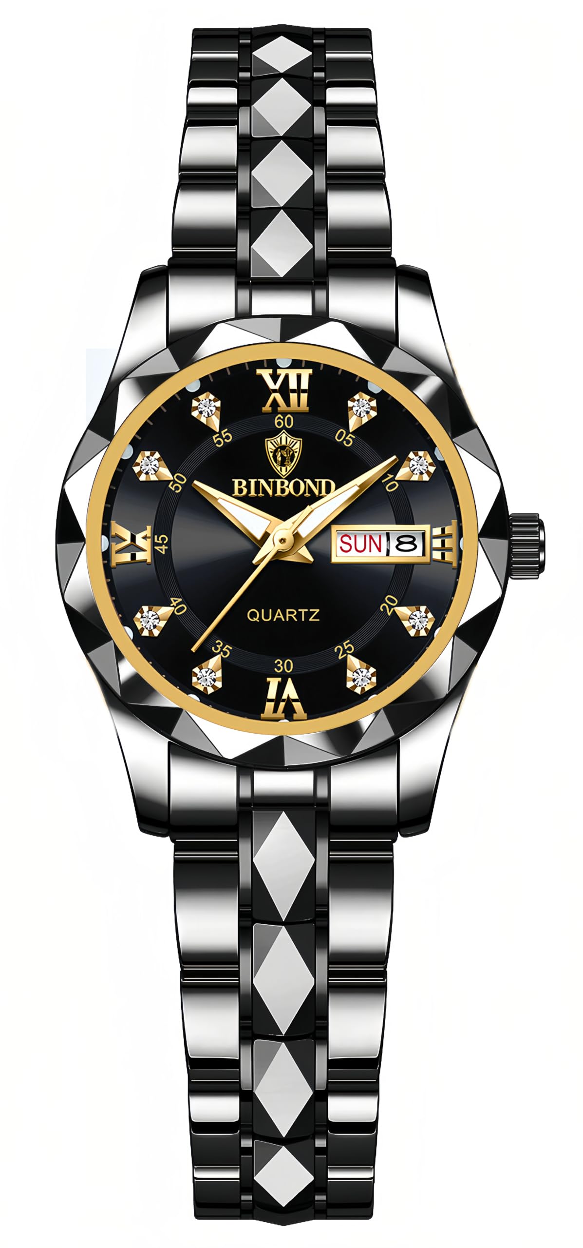 HOTGosasa Luxury Men's and Women's Business Diamond Stainless Steel Waterproof Roman Numeral Analog Quartz Watch with Day-Date Calendar, Gold and Silver Tone