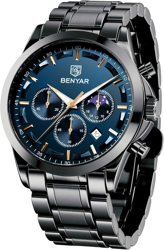 HOTBENYAR Mens Watches Analog Quartz Chronograph Waterproof Wrist Watches for Men Fashion Business Work Casual Sport Designer Dress Watch with Calendar Elegant Gifts for Men