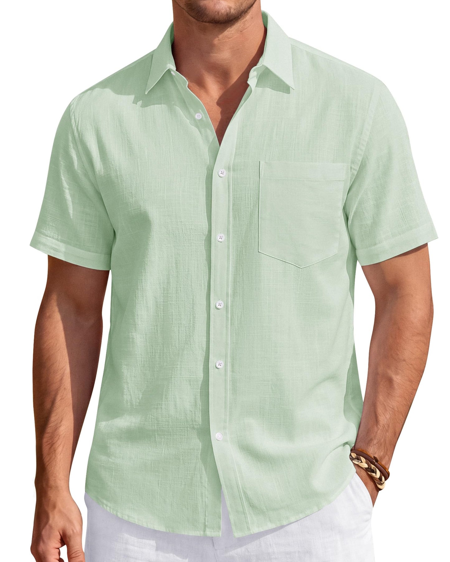 HOTJ.VER Mens Linen Shirt Short Sleeve Button Down Casual Summer Shirts | Cotton Linen, Untucked, Big Tall, from Beach Camp Vacation, Cruise Fishing, Work Office, to Wedding Party Family, with Pocket