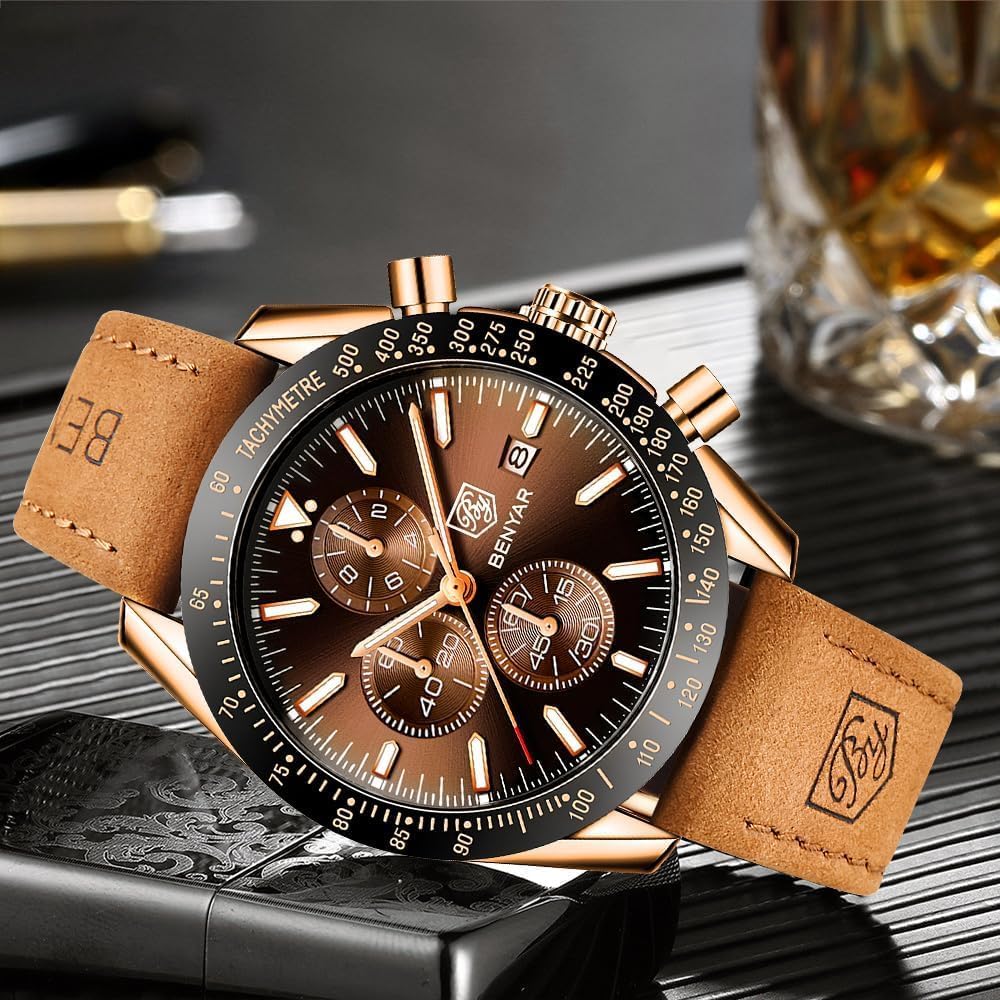 HOTBENYAR Watch for Men Analog Quartz Chronograph Waterproof Luminous Designer Mens Wrist Watches Business Work Sport Casual Dress Watch with Silicone Strap Elegant Gifts for Men