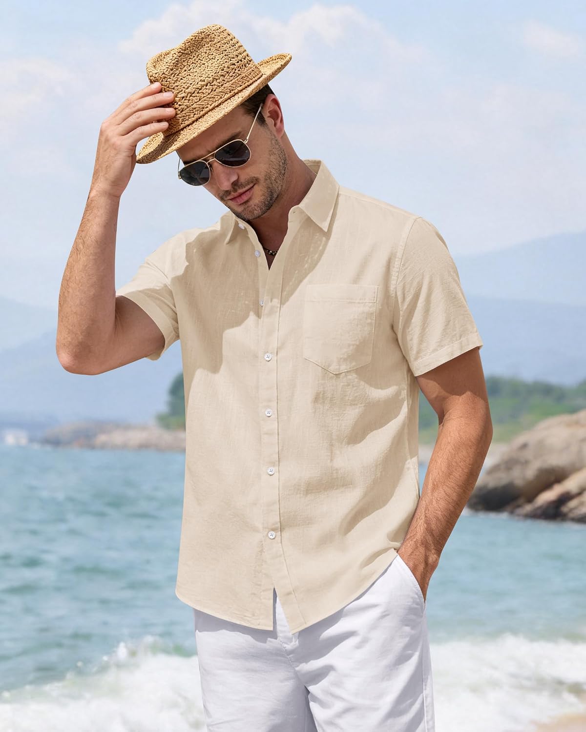 HOTJ.VER Mens Linen Shirt Short Sleeve Button Down Casual Summer Shirts | Cotton Linen, Untucked, Big Tall, from Beach Camp Vacation, Cruise Fishing, Work Office, to Wedding Party Family, with Pocket