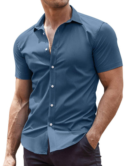 HOTCOOFANDY Men's Muscle Fit Dress Shirts Wrinkle-Free Short Sleeve Casual Button Down Shirt
