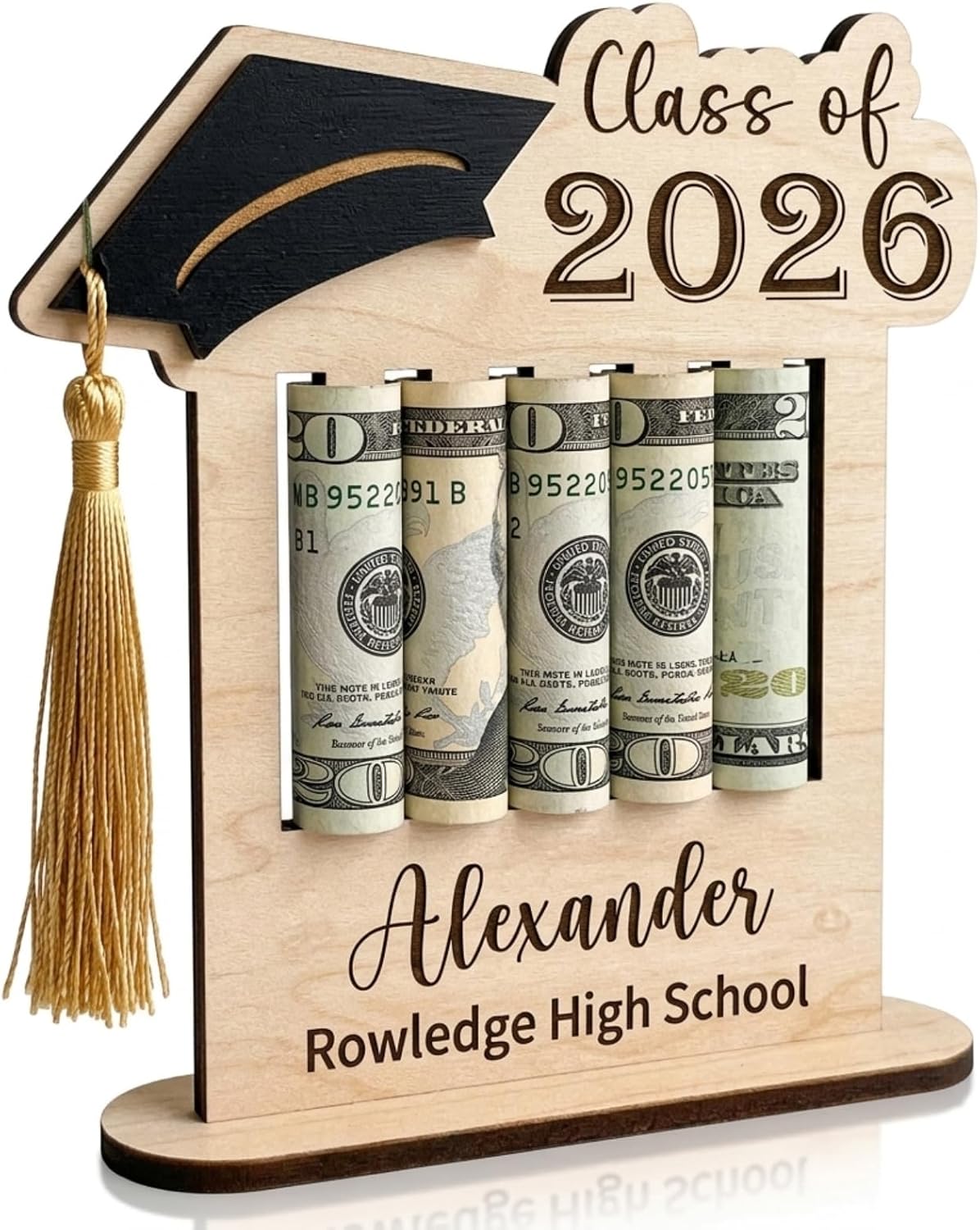 HOTPersonalized Graduation Gifts Class of 2026 Money Holder - Custom Name & School Graduation Money Gift Holder for Him Her, Senior Wooden Cash Display Standing Scroll Holder, Unique Graduate Keepsake