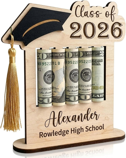 HOTPersonalized Graduation Gifts Class of 2026 Money Holder - Custom Name & School Graduation Money Gift Holder for Him Her, Senior Wooden Cash Display Standing Scroll Holder, Unique Graduate Keepsake