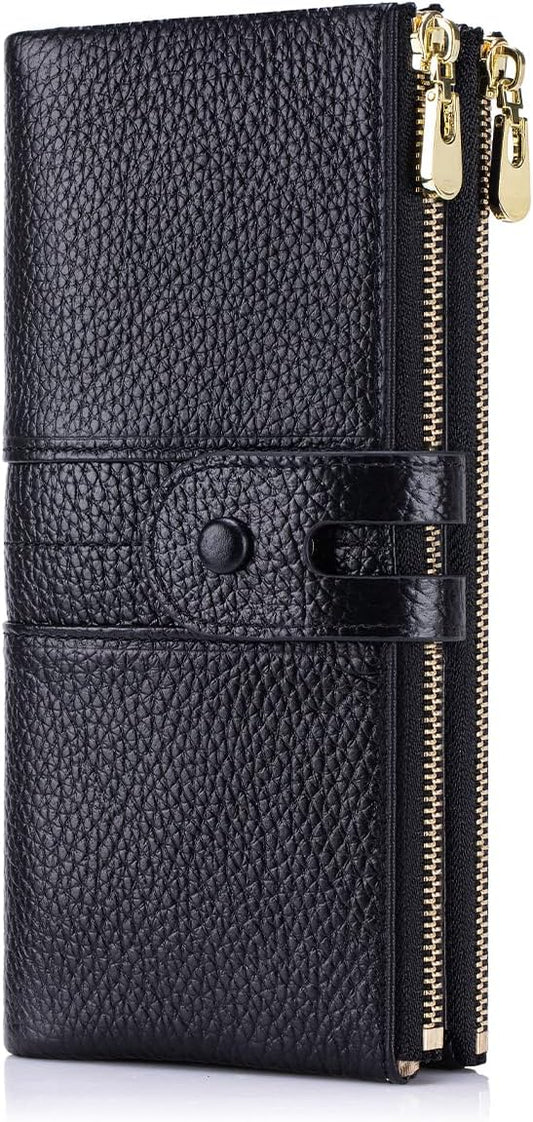 HOTLarge Capacity Wallets for Women Soft Leather RFID Blocking Long Wallet Ladies Bifold Clutch Purse Credit Card Holder with Double Zipper Pocket ID Window,Black