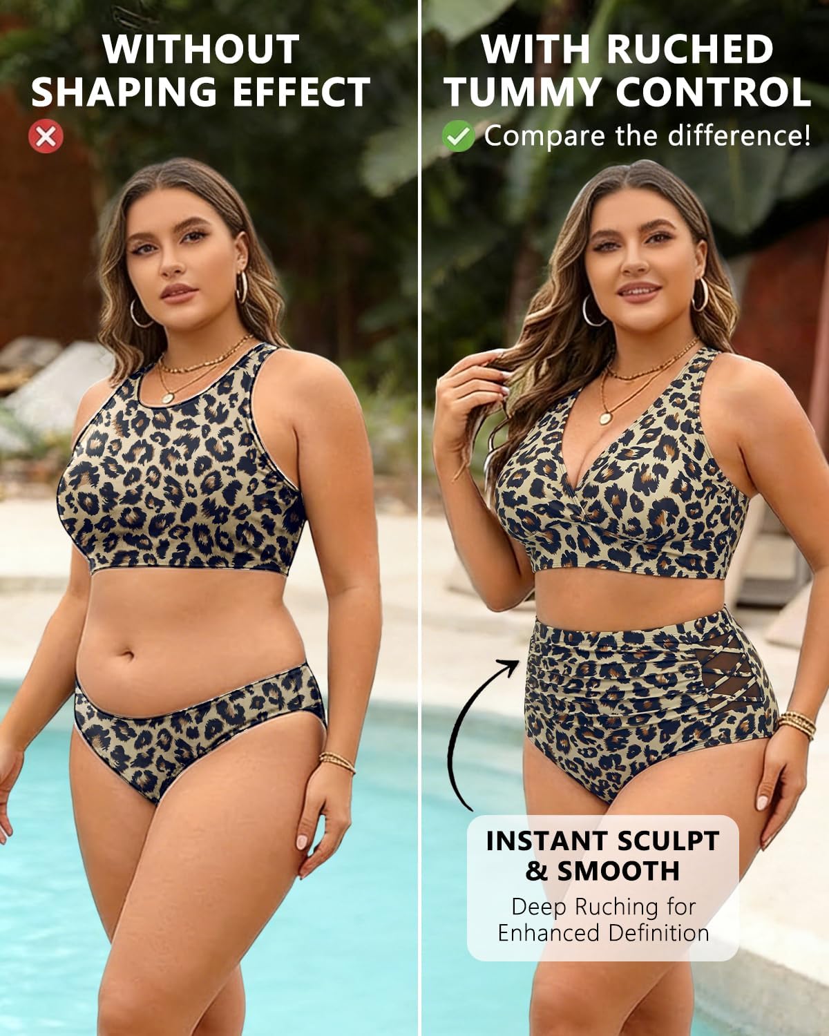 HOTYonique Women Plus Size 2 Piece High Waisted Bikini Tummy Control Swimsuit