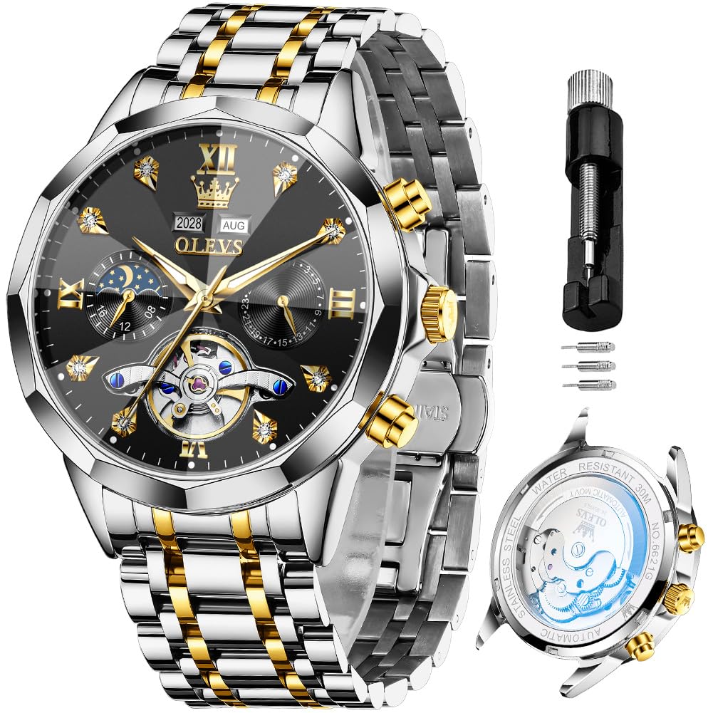 HOTOLEVS Skeleton Men Watches Automatic Business Luxury Diamond Self Winding Watch for Men Stainless Steel Calendar Wrist Watch