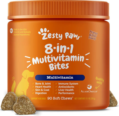 HOTZesty Paws Dog Multivitamin, Chewable Dog Vitamins and Supplements for Hip & Joints, Skin & Coat, Omega 3 Fish Oil for Dogs- Senior & Puppy Multivitamin- Chicken- 90ct