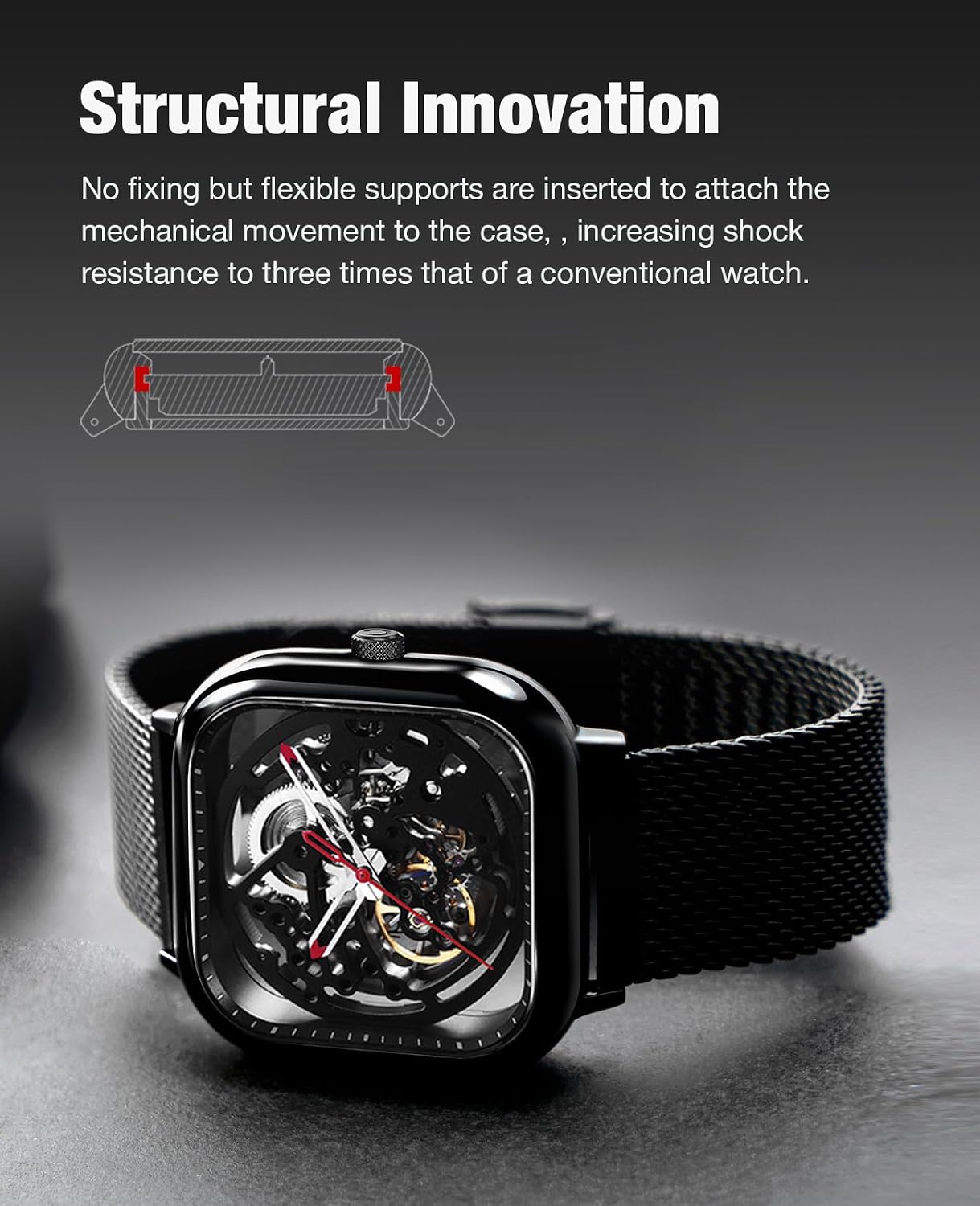HOTCIGA Design Automatic Mechanical Watch C Series Skeleton Analog Wrist Watch with Milanese Strap Sapphire Crystal Mirror Gifts for Men and Women