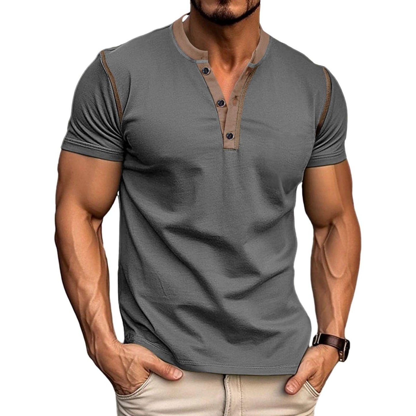 HOTMen's Casual Henley Shirts Classic Button Cotton Short Sleeve T-Shirt Summer Basic Solid Lightweight Tees Tops