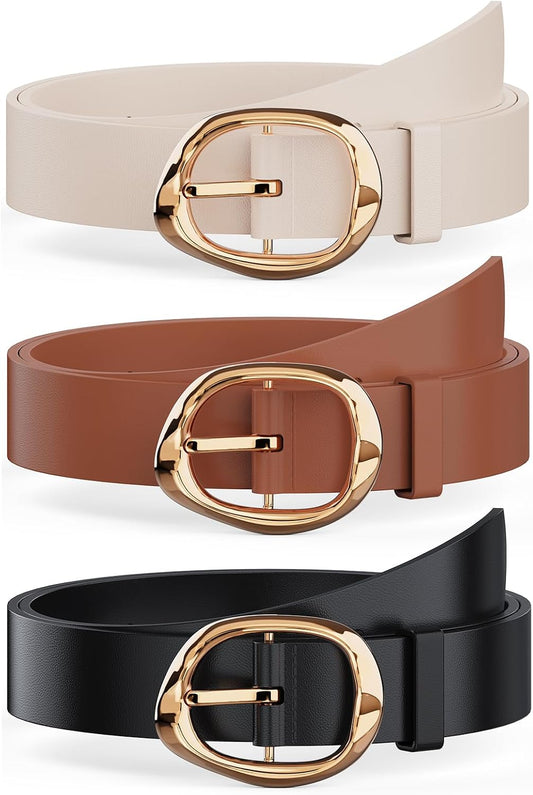 HOTAmyzavls 3 Pack Women's Belts for Jeans, Dresses, Pants, Leather Belt for Women with Fluid Liquid Shaped Gold Buckle, Black & Brown & Beige Trendy Fashion Belts for Ladies 43 inch